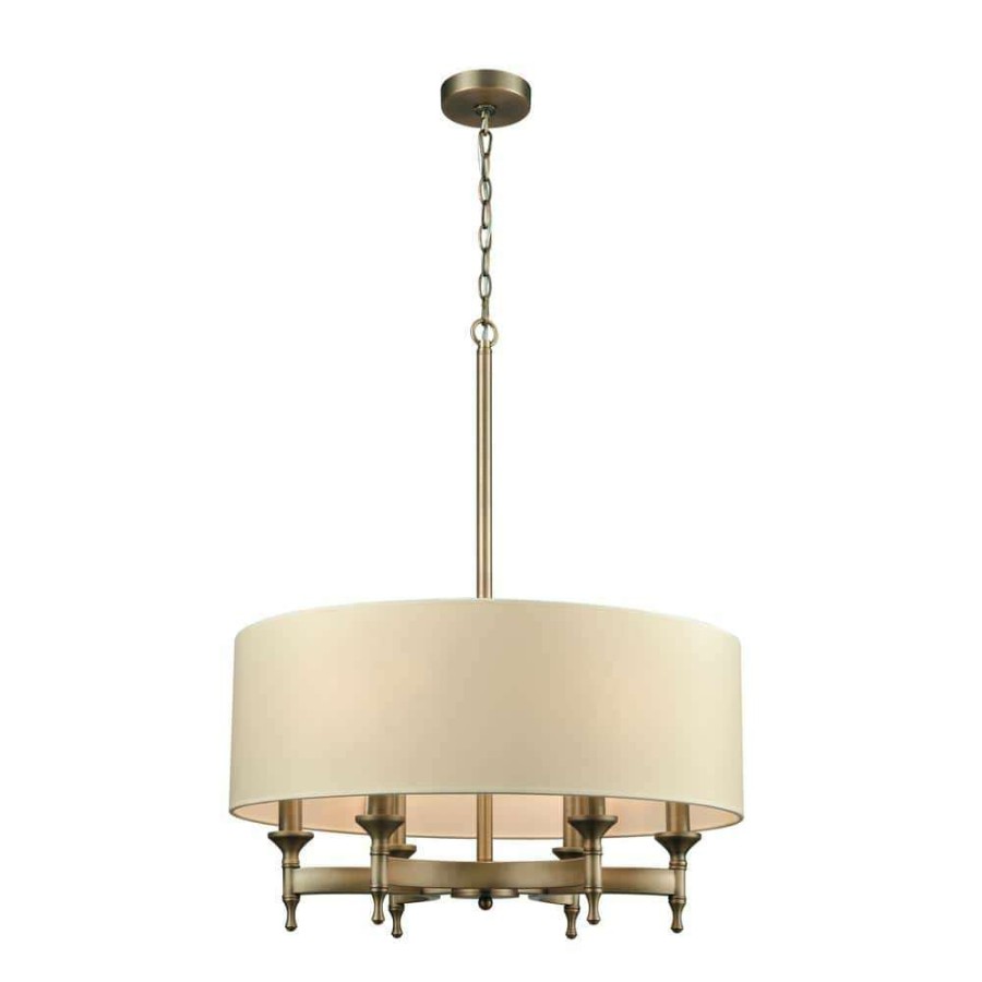 Chandeliers * | Pembroke 6-Light Brushed Antique Brass Chandelier With Light Tan Fabric Shade By Titan Lighting