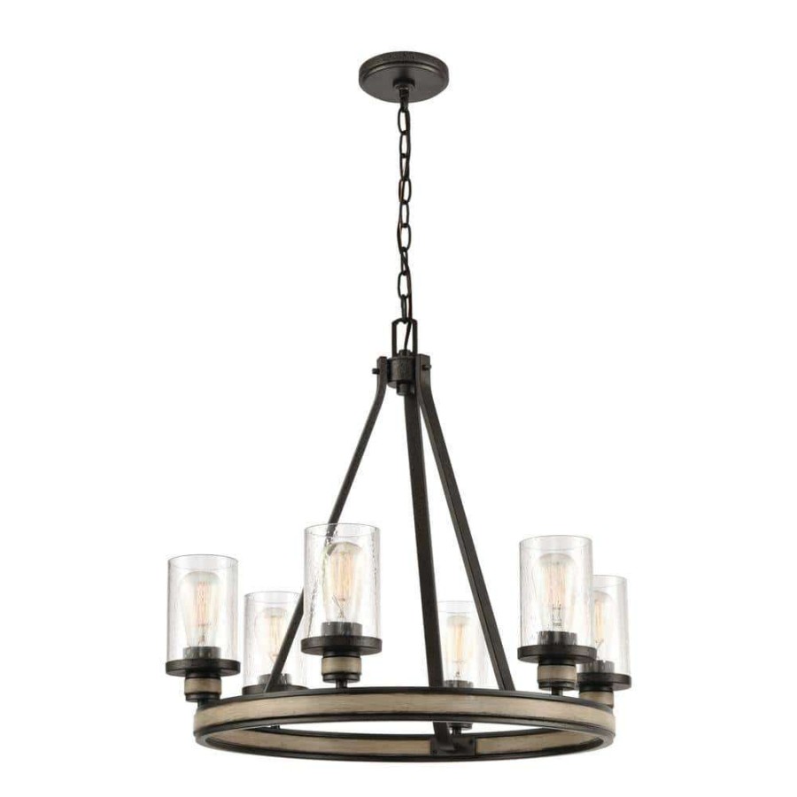 Chandeliers * | Beaufort 6-Light Anvil Iron Wagon Wheel Chandelier With Glass Shades By Titan Lighting